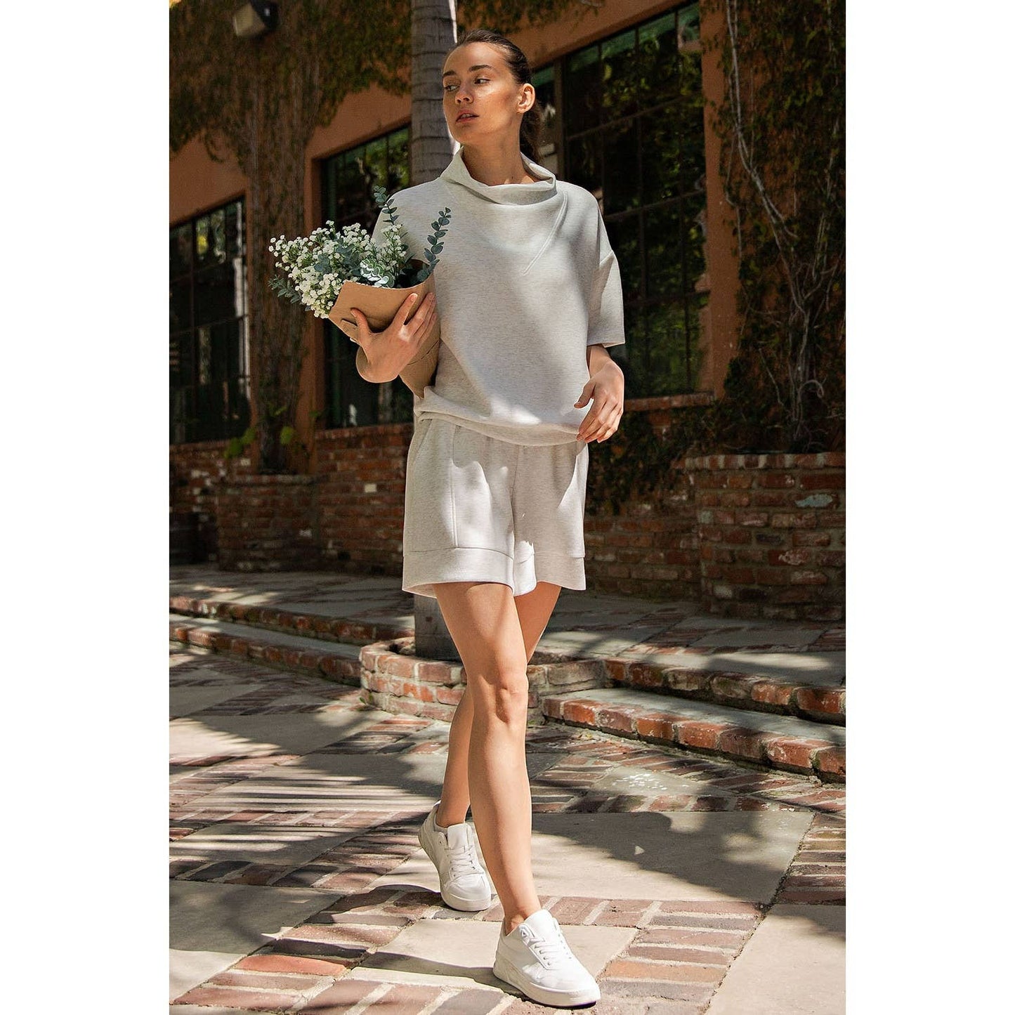 Modal Poly Span Scuba Shorts: Cream - Pink Peonies