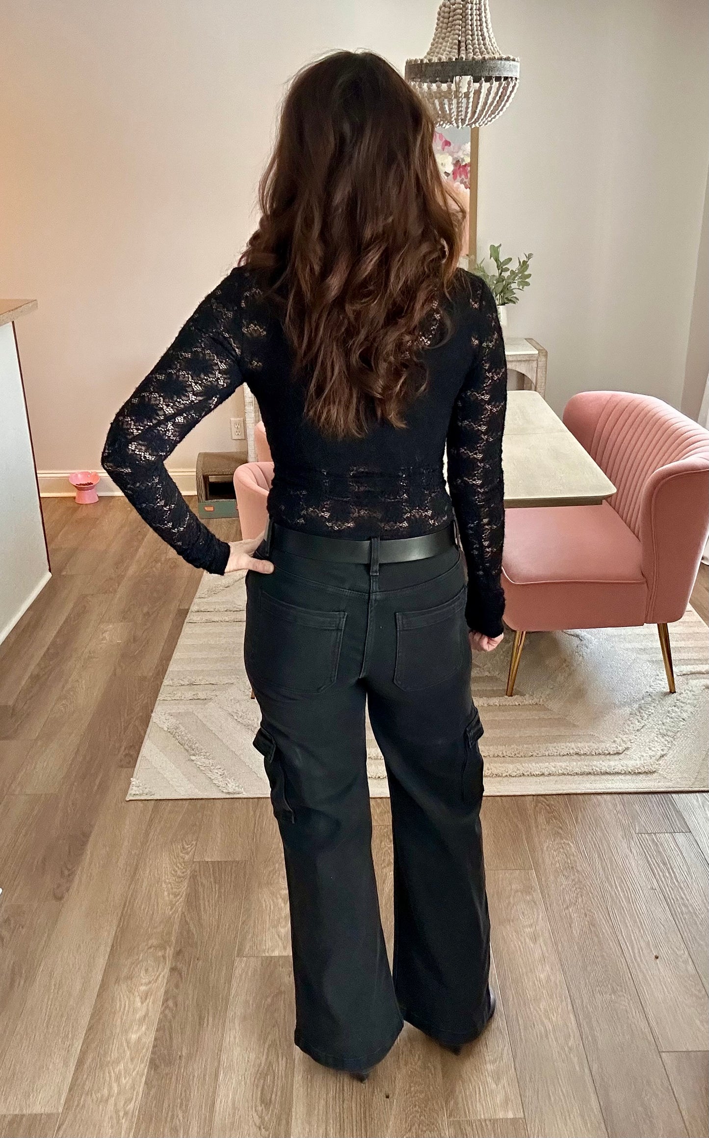 Floral Lace Long Sleeve Mesh Top - Pink Peonies