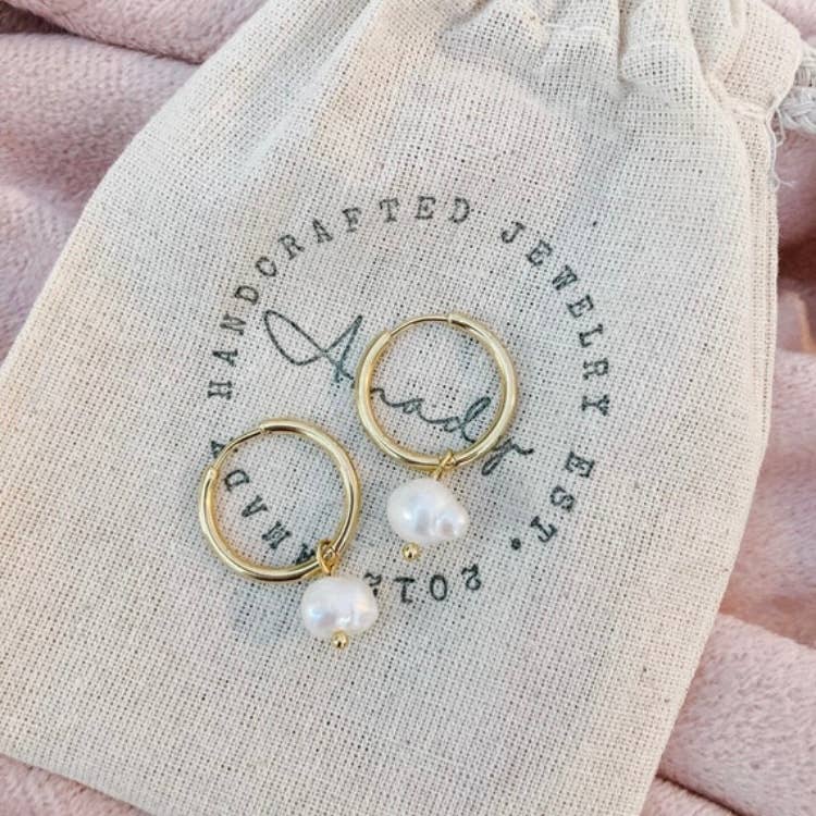 Water Pearl Hoop Earrings, pearl earrings, minimalist hoops - Pink Peonies