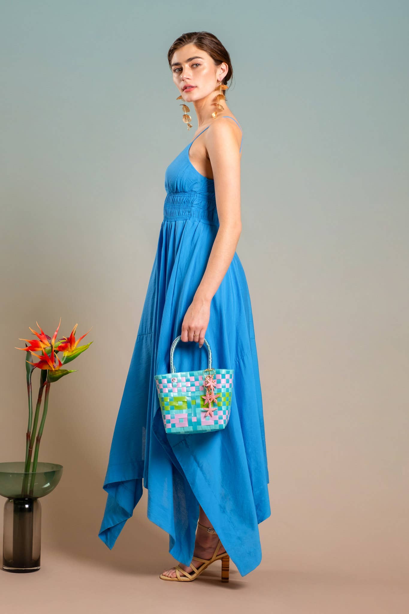 Indigo Dreams V Neck Handkerchief Hem Sleeveless Blue Midi Dress - Pink Peonies
