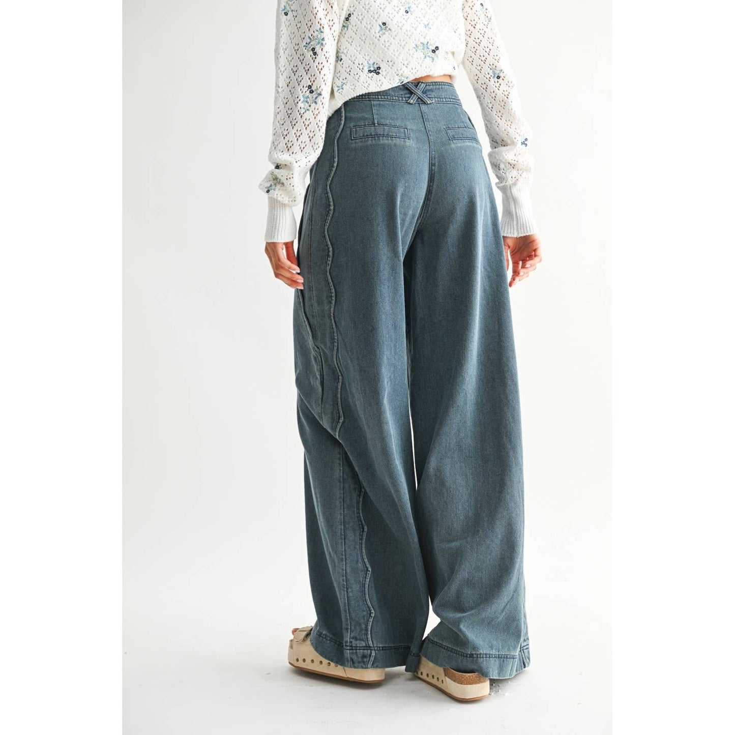 Medium Wash Wide Leg Wavy Trim Jeans - Pink Peonies