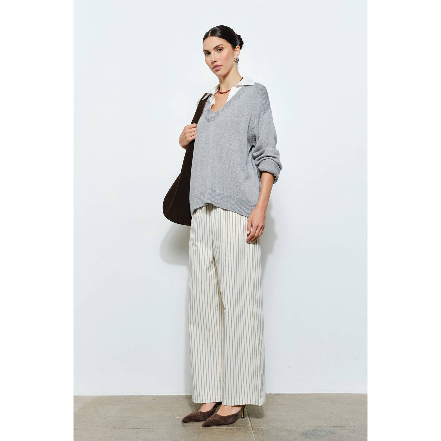 Grey V-Neck Sweater with Attached White Collar