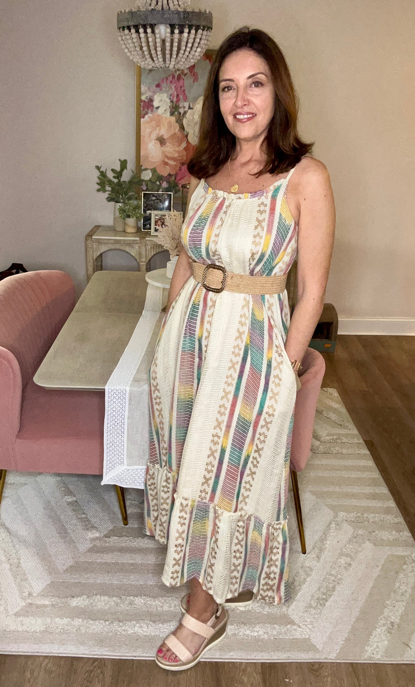 Embroidered Slip Style Multicolor Maxi Dress - Pink Peonies