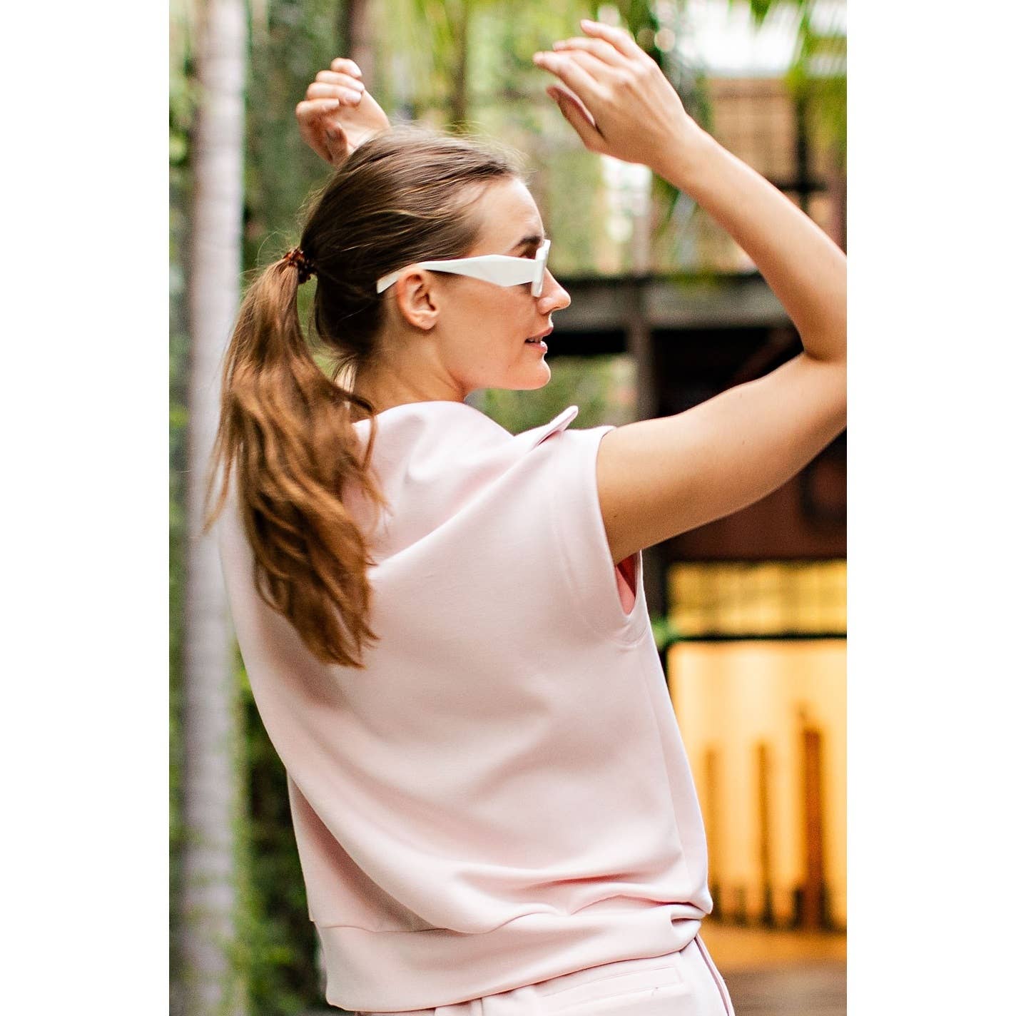 Modal Short Sleeve Quarter Zip Sleeveless Top: Baby Pink - Pink Peonies