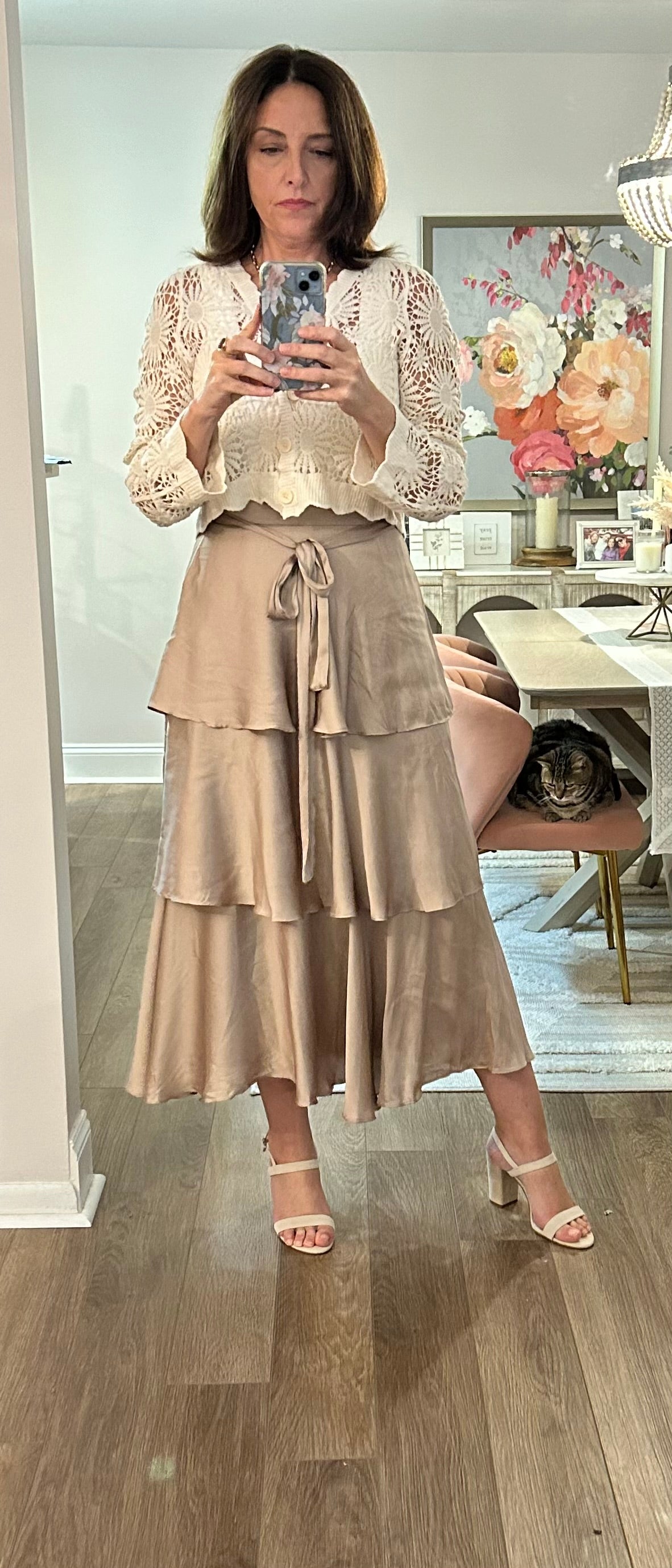 Belted Satin Tiered Midi Skirt - Pink Peonies