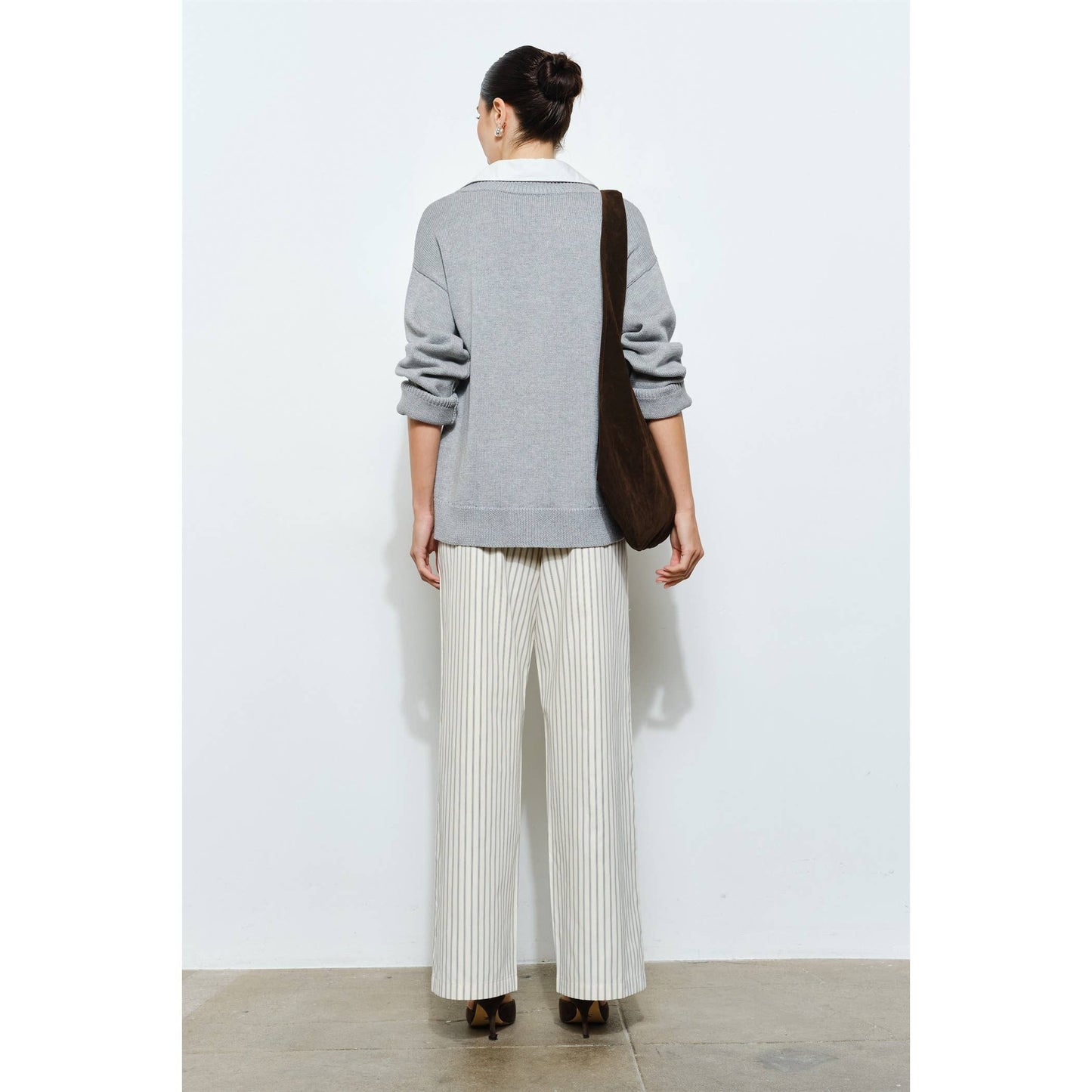 Grey V-Neck Sweater with Attached White Collar