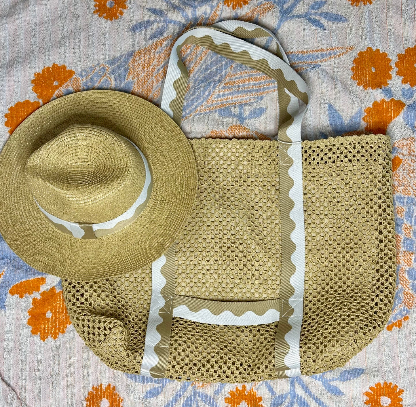 Sand Antigua Beach Tote and Hat Set - Pink Peonies