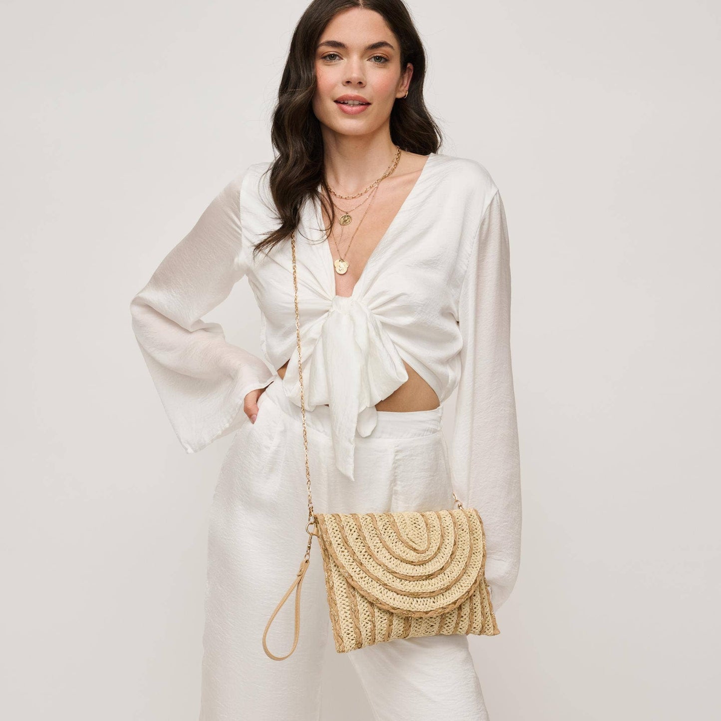 Golden Hour Ruffle Natural Ivory Clutch - Pink Peonies