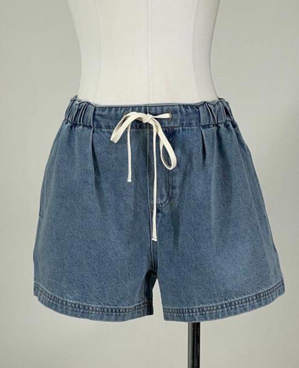 Relaxed Fit Cotton Denim Elastic Waist Shorts - Pink Peonies
