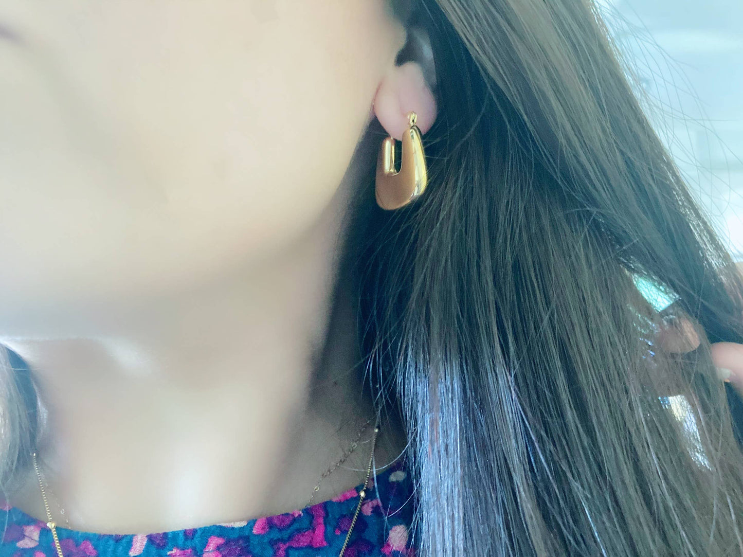 Lightweight gold chunky hoop earring gold plated waterproof - Pink Peonies