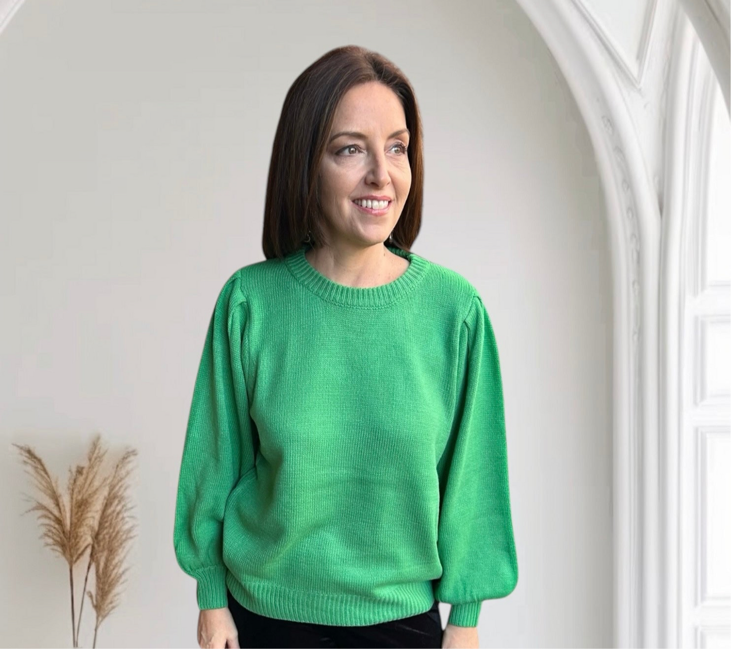 Green Cut Out Back Crew Neck Knitted Sweater - Pink Peonies