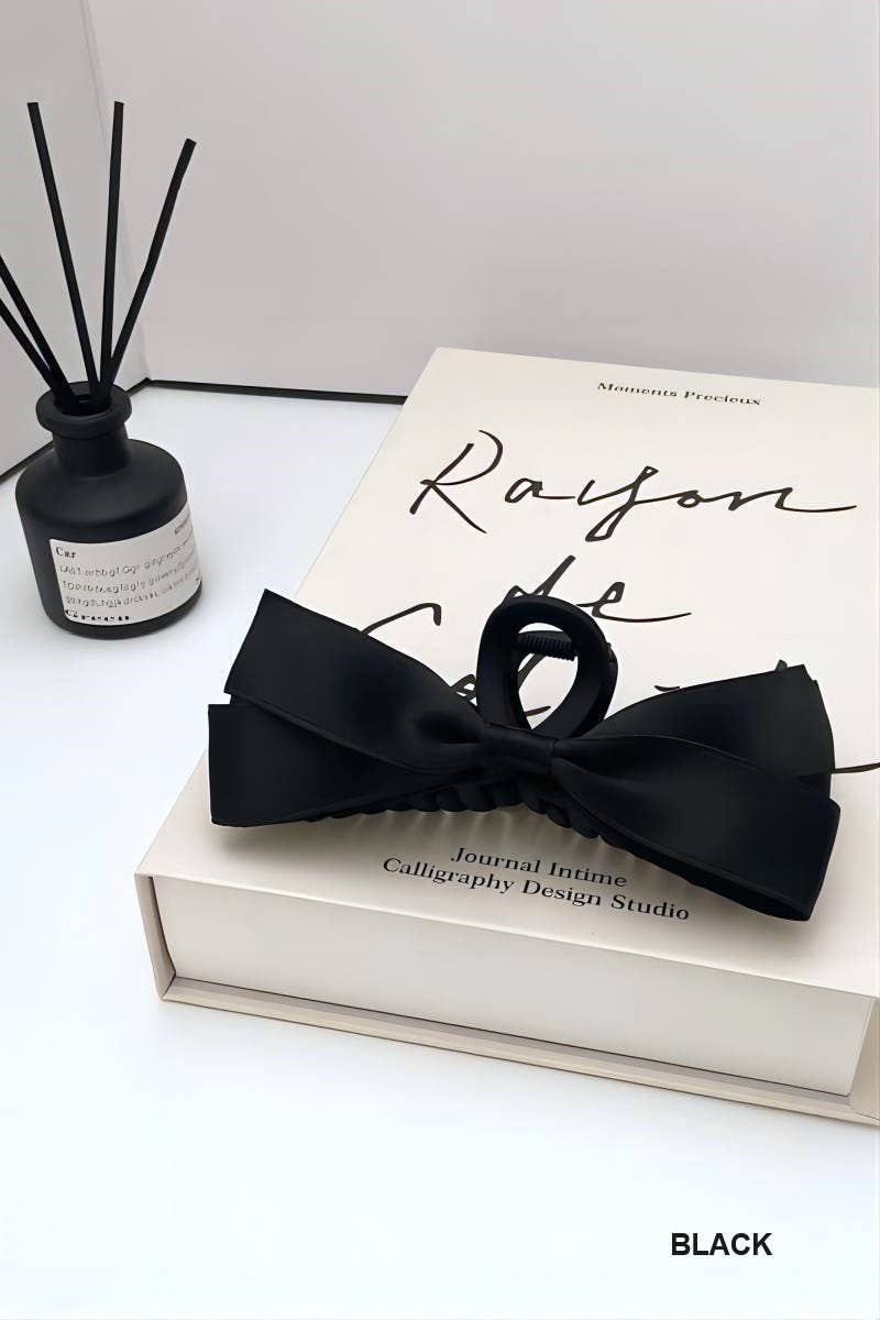 Silk Ribbon Bow Hair Claw Clip : Black or Ivory - Pink Peonies