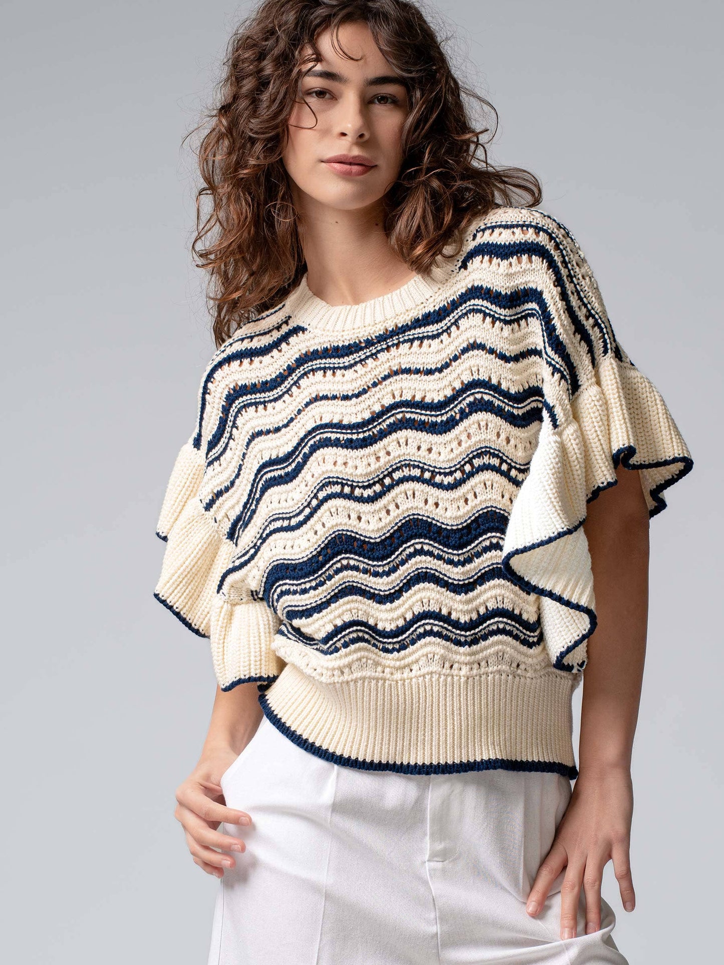 Ruffle Sleeve Wave Knit Sweater
