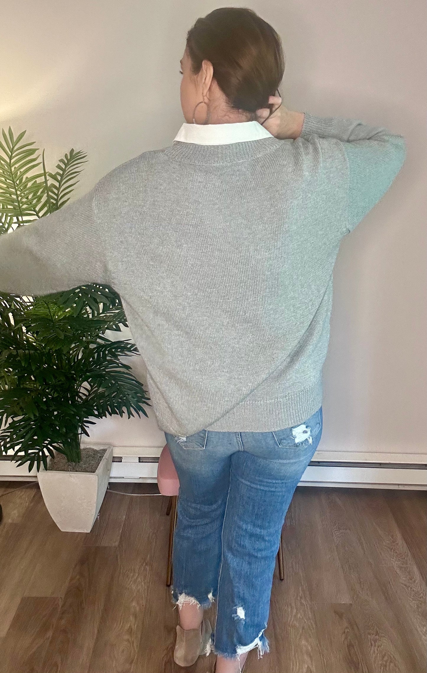 Grey V-Neck Sweater with Attached White Collar