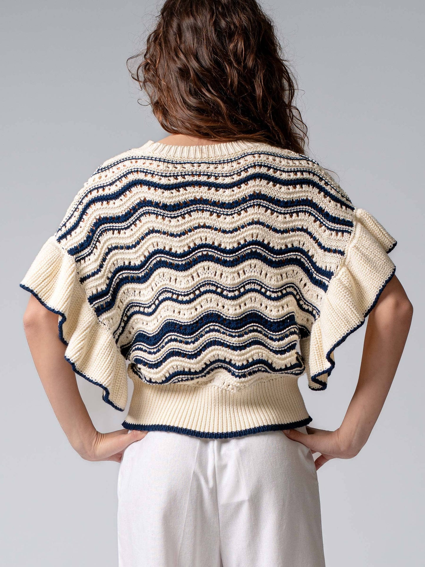 Ruffle Sleeve Wave Knit Sweater