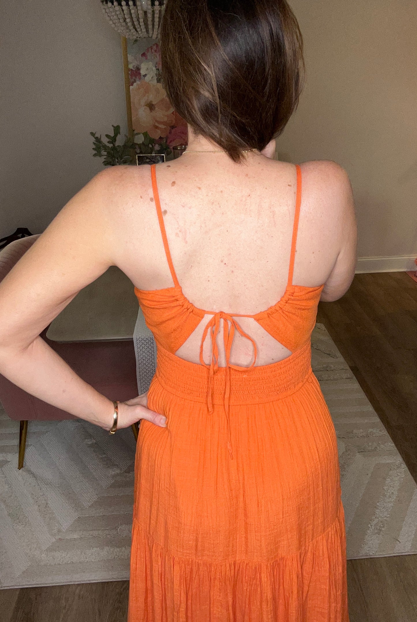 Sunset Muse Flame Orange Ruched Cut Out Ruffle Skirt Maxi Dress - Pink Peonies