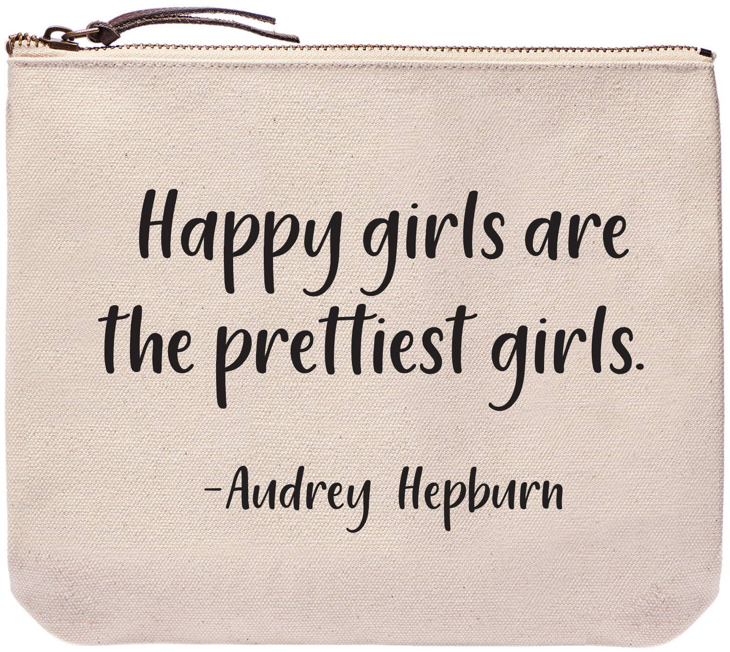 9" Canvas Zipper Pouch: Happy Girls are the Prettiest Girls - Audrey Hepburn Quote - Pink Peonies