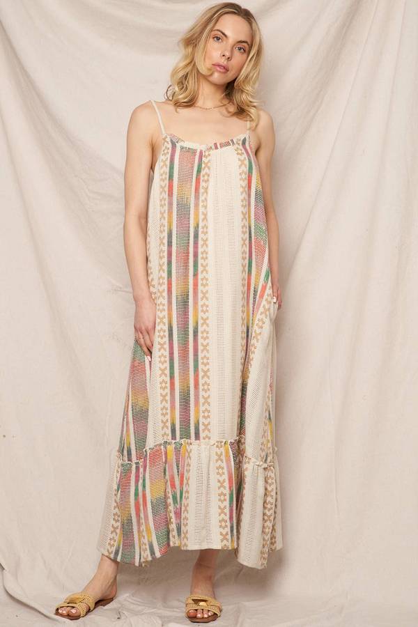 Embroidered Slip Style Multicolor Maxi Dress - Pink Peonies