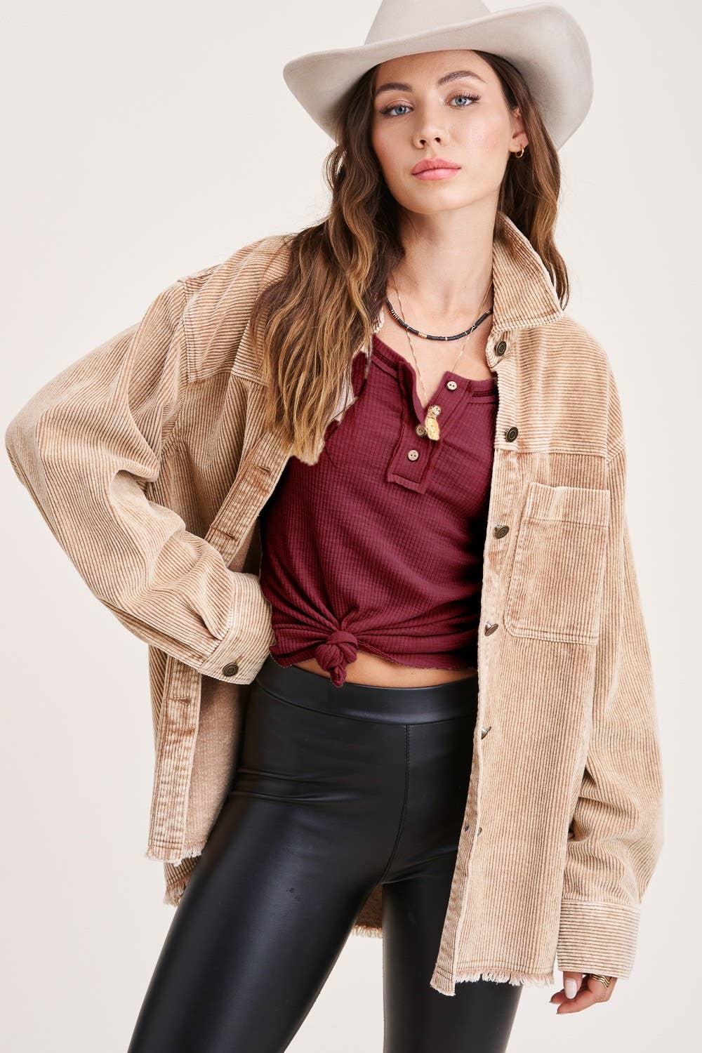JAT7559-Ribbed Henley Neck Stitched Fitted Long Sleeve Top: Wine / L - Pink Peonies