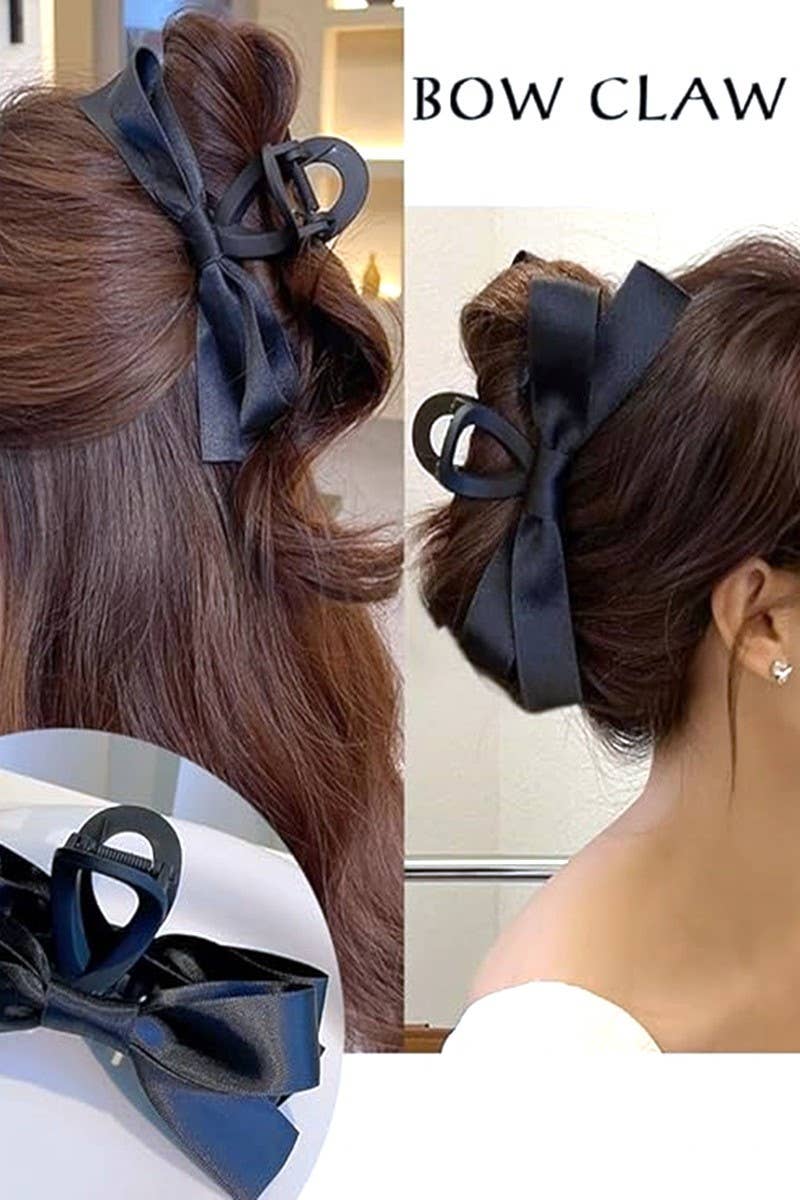 Silk Ribbon Bow Hair Claw Clip : Black or Ivory - Pink Peonies