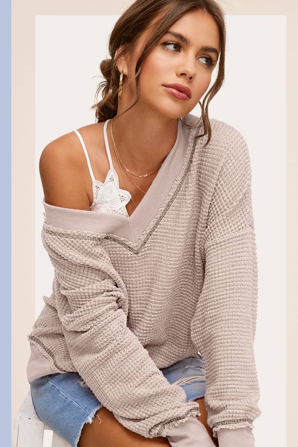 V-neck Waffle Top Ash - Pink Peonies