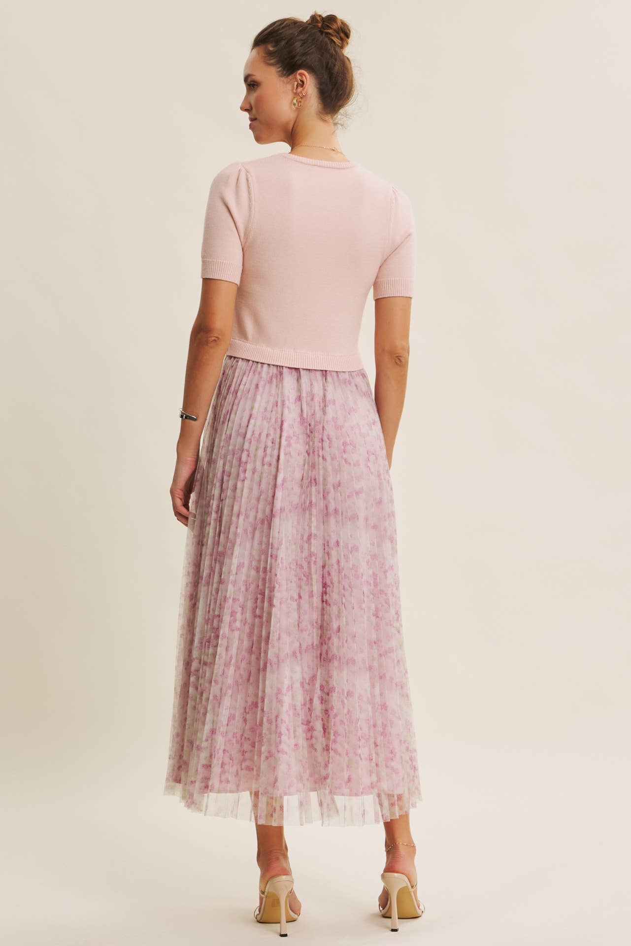 Field of Pleated Wildflowers Sweater Mix Media Midi Dress - Pink Peonies