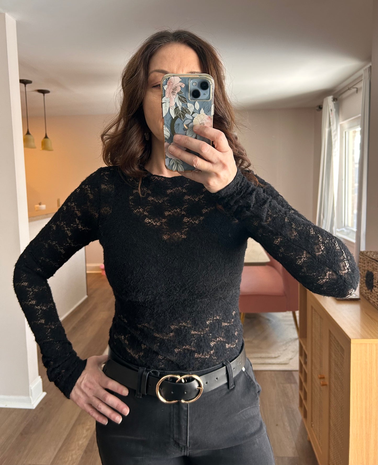 Floral Lace Long Sleeve Mesh Top - Pink Peonies