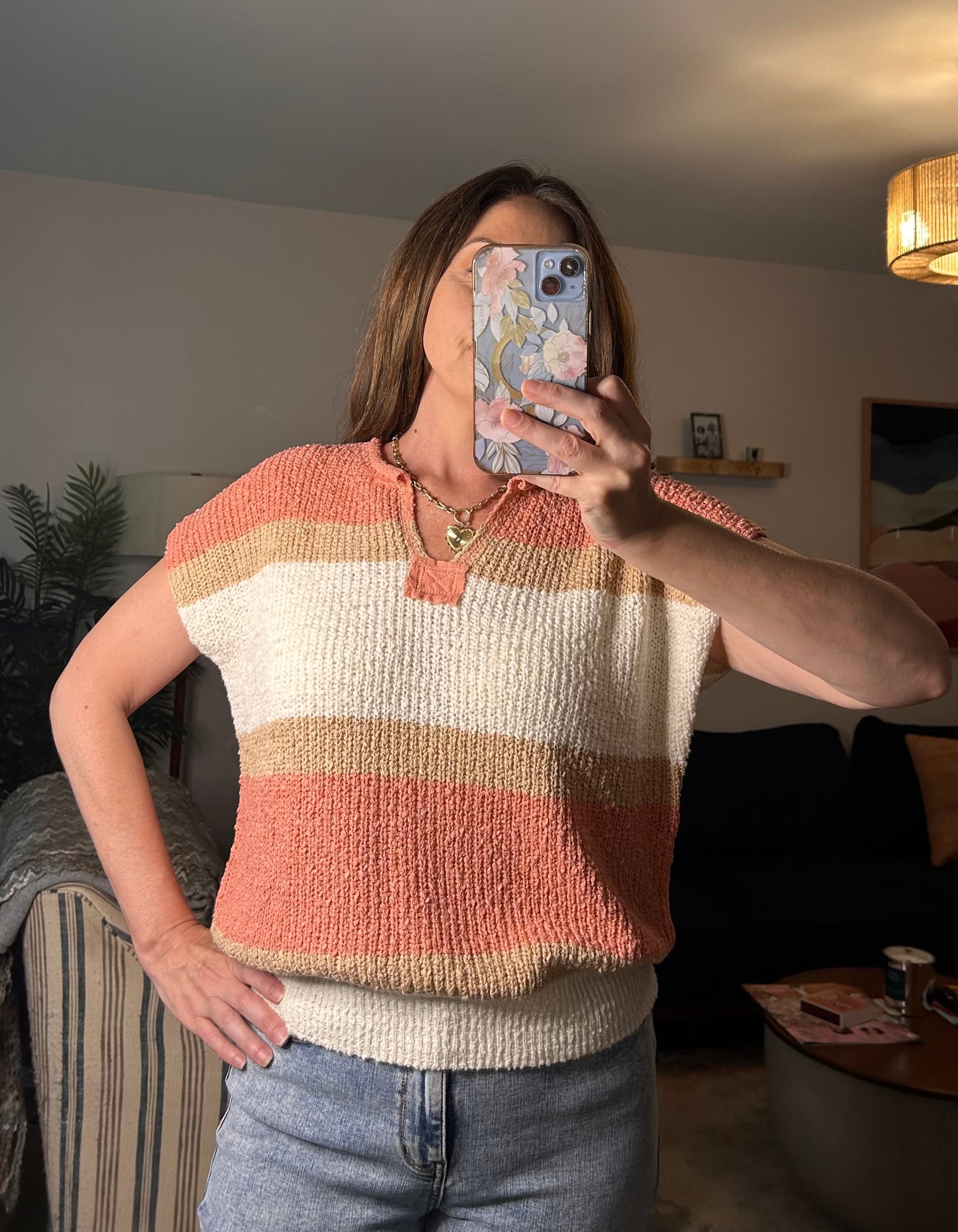 Low Gauge Color Block Textured Sweater Top - Pink Peonies