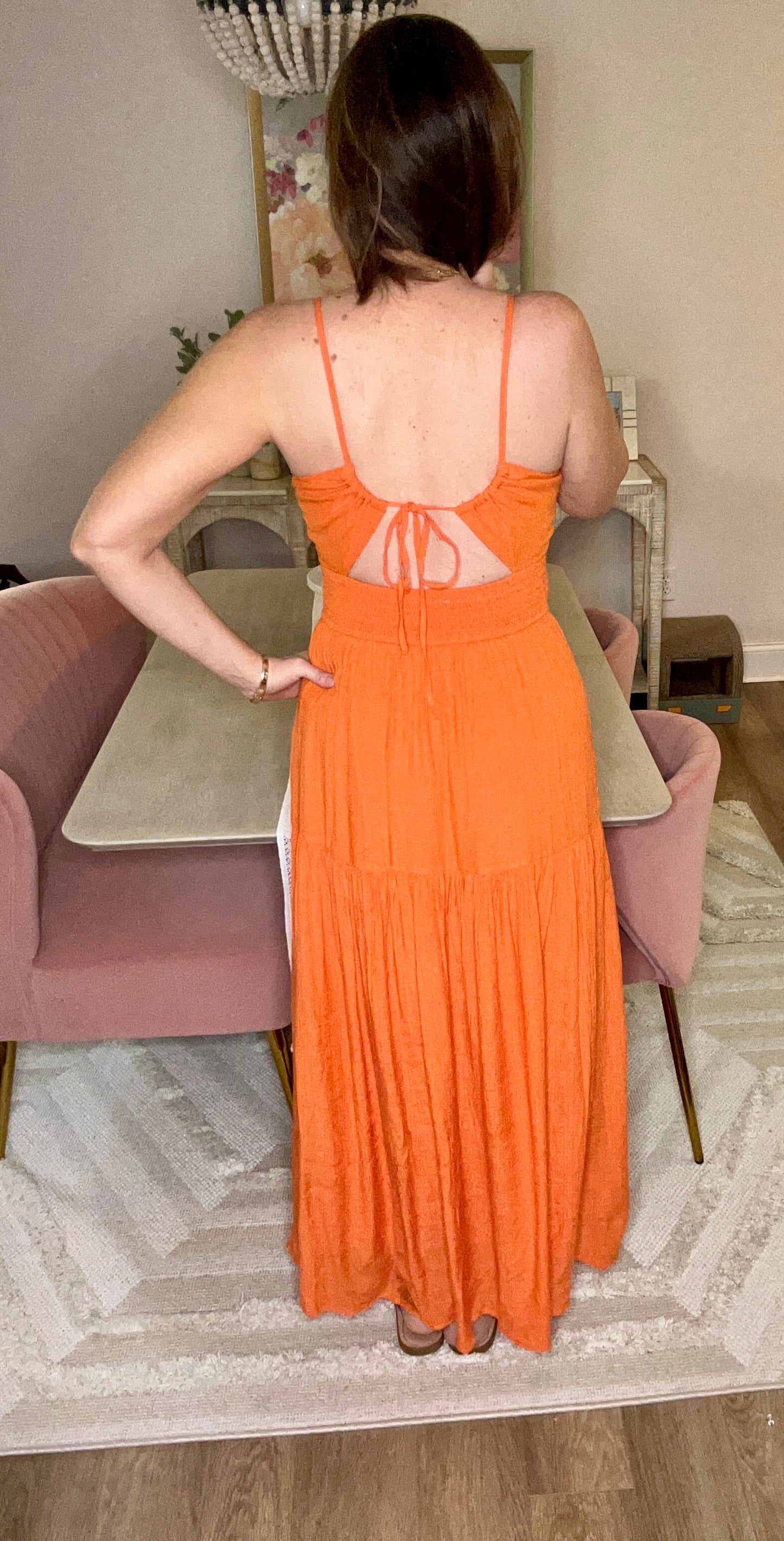 Sunset Muse Flame Orange Ruched Cut Out Ruffle Skirt Maxi Dress - Pink Peonies