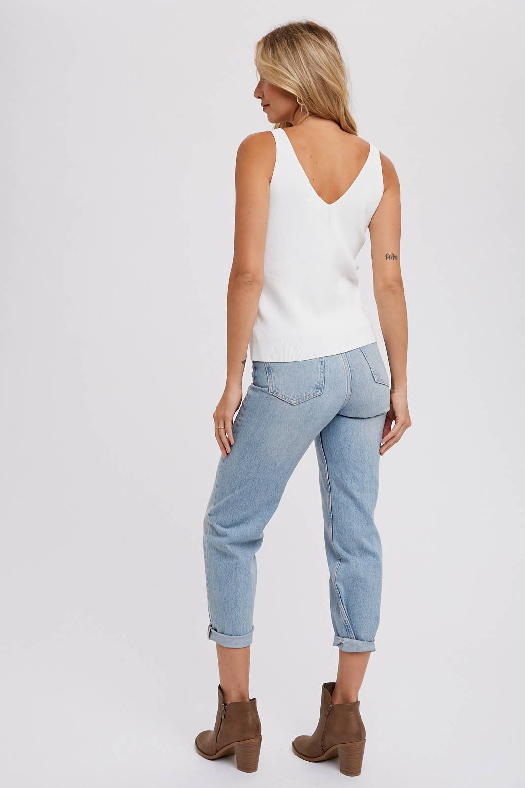 V Neck Essential Knit Sweater Tank - Pink Peonies