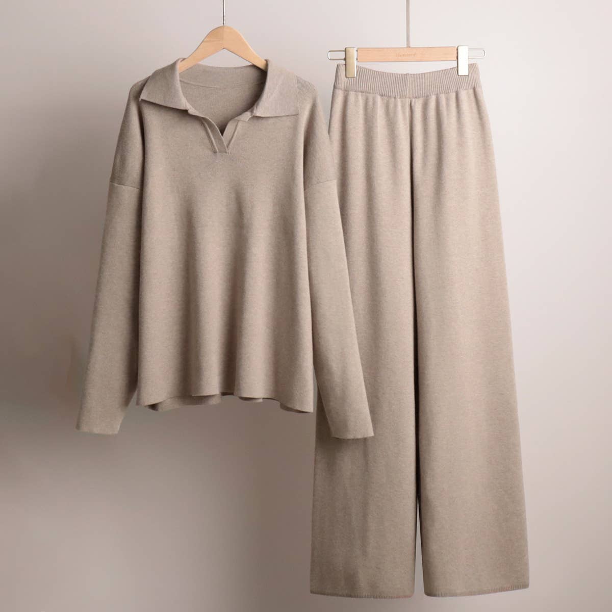 Long Sleeve Top and Pants Sweater Set: Khaki