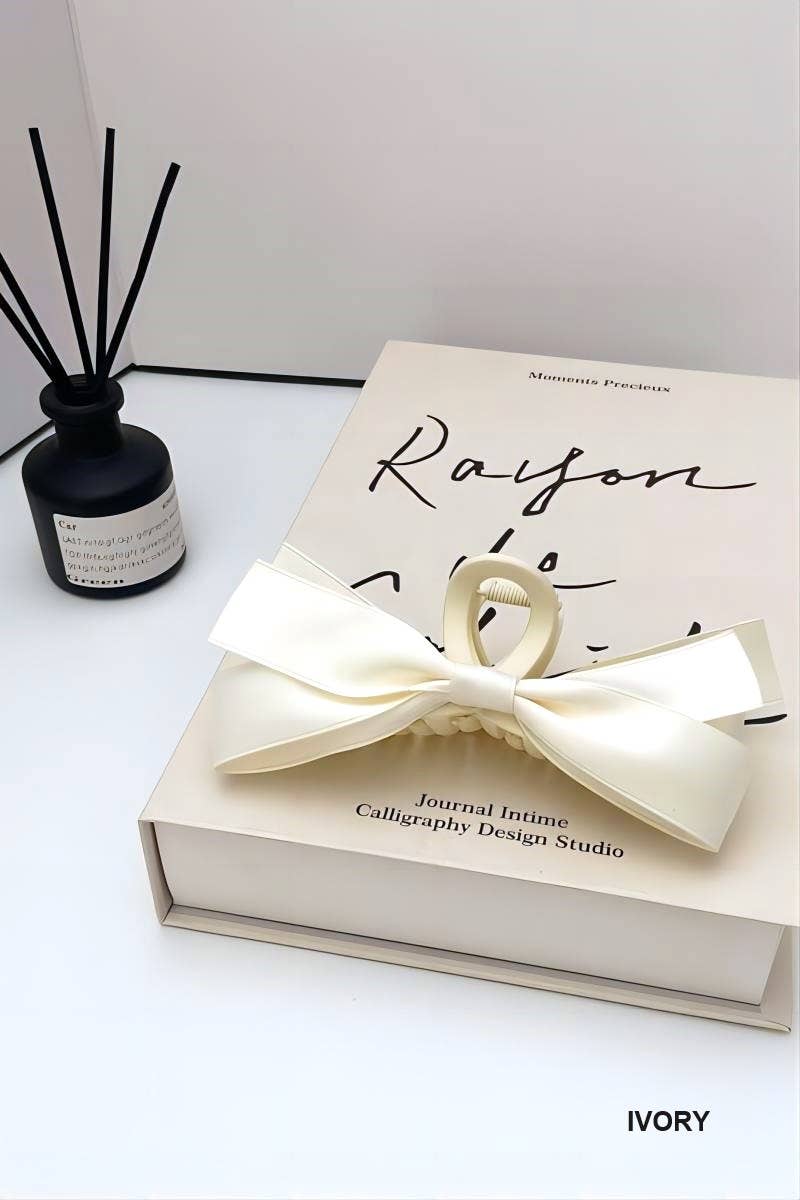 Silk Ribbon Bow Hair Claw Clip : Black or Ivory - Pink Peonies