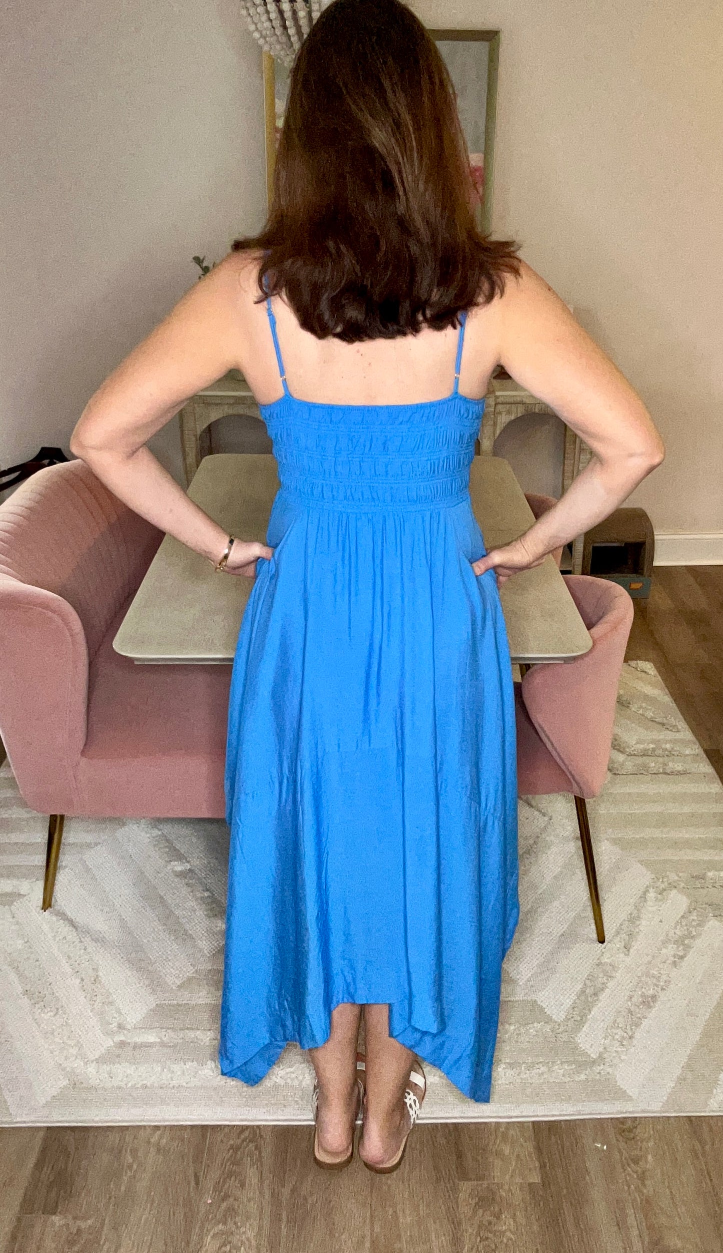 Indigo Dreams V Neck Handkerchief Hem Sleeveless Blue Midi Dress - Pink Peonies