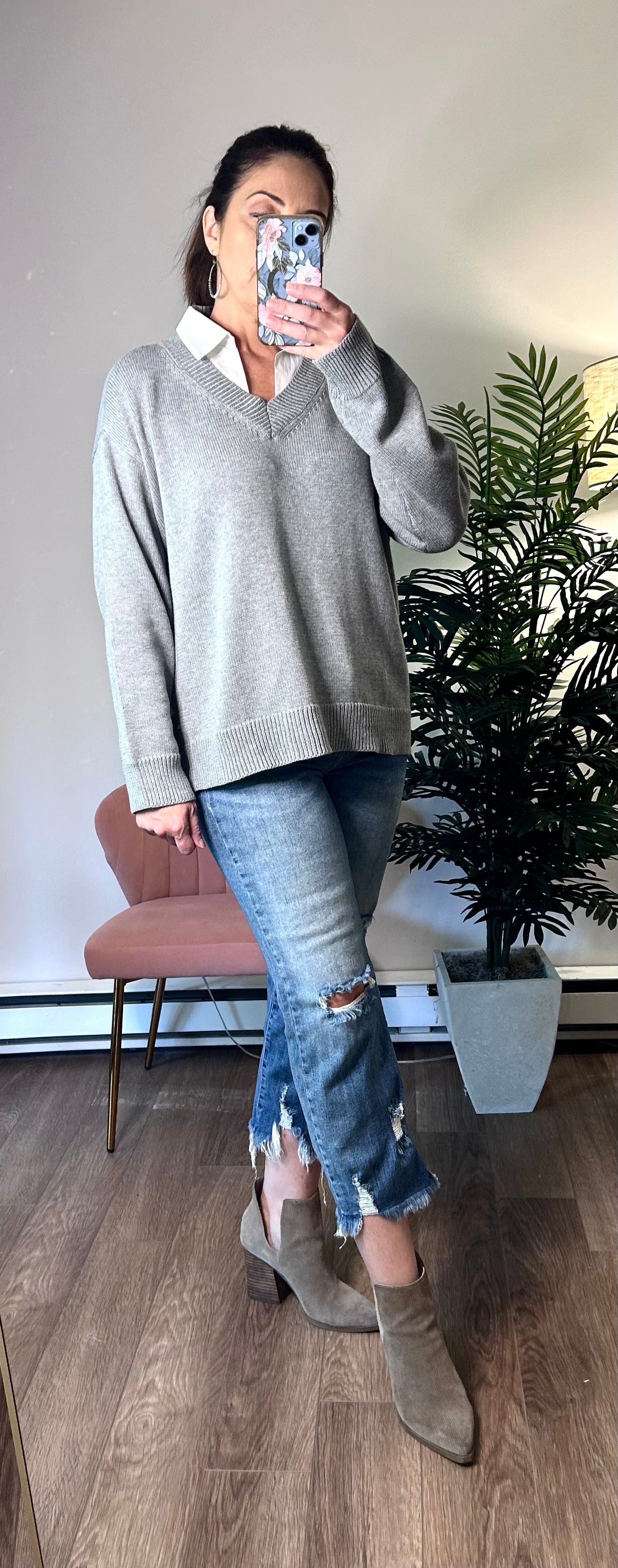 Grey V-Neck Sweater with Attached White Collar