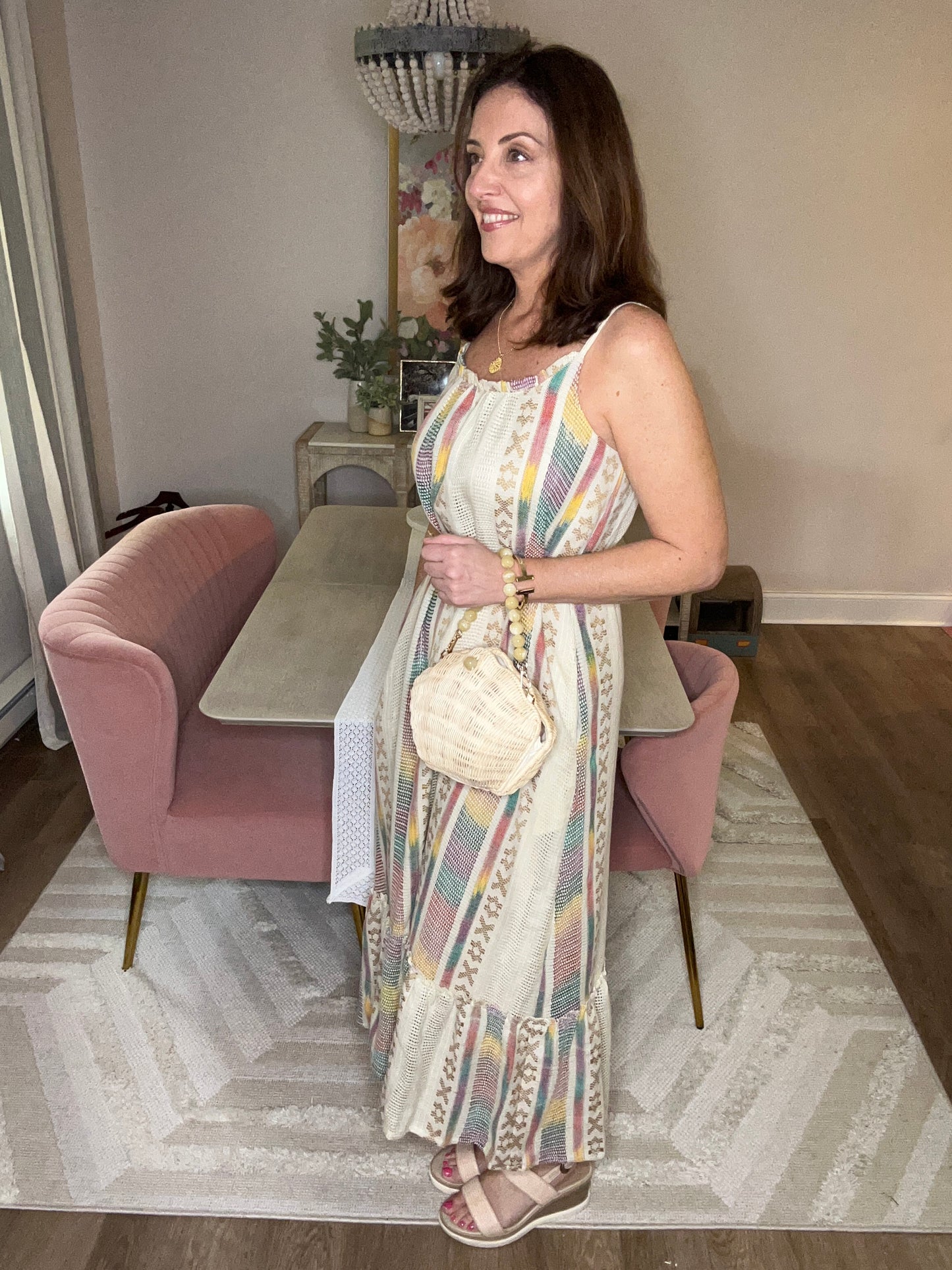 Embroidered Slip Style Multicolor Maxi Dress - Pink Peonies