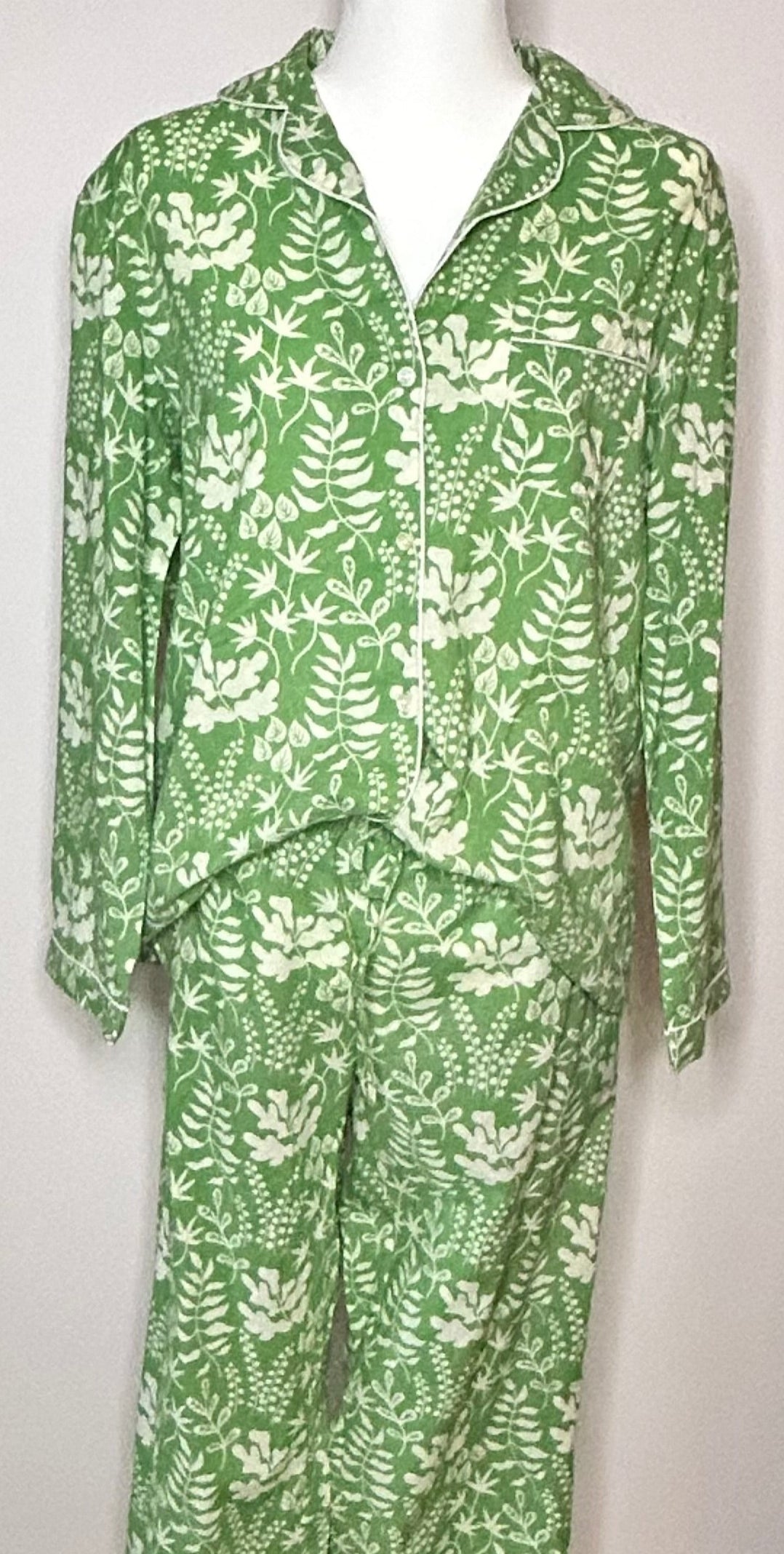 Green Botanical Lightweight Cotton Pajama Set - Pink Peonies