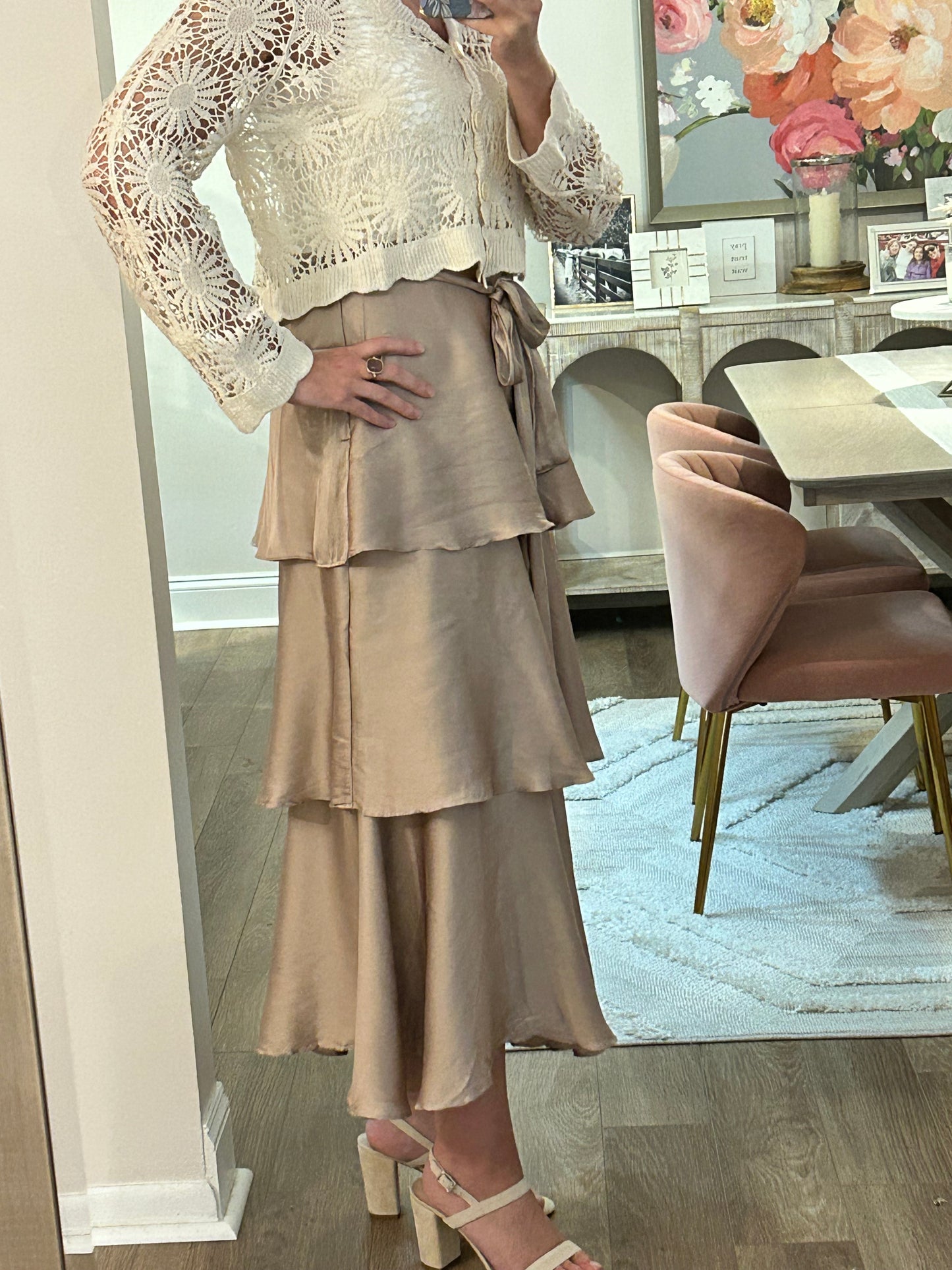 Belted Satin Tiered Midi Skirt - Pink Peonies