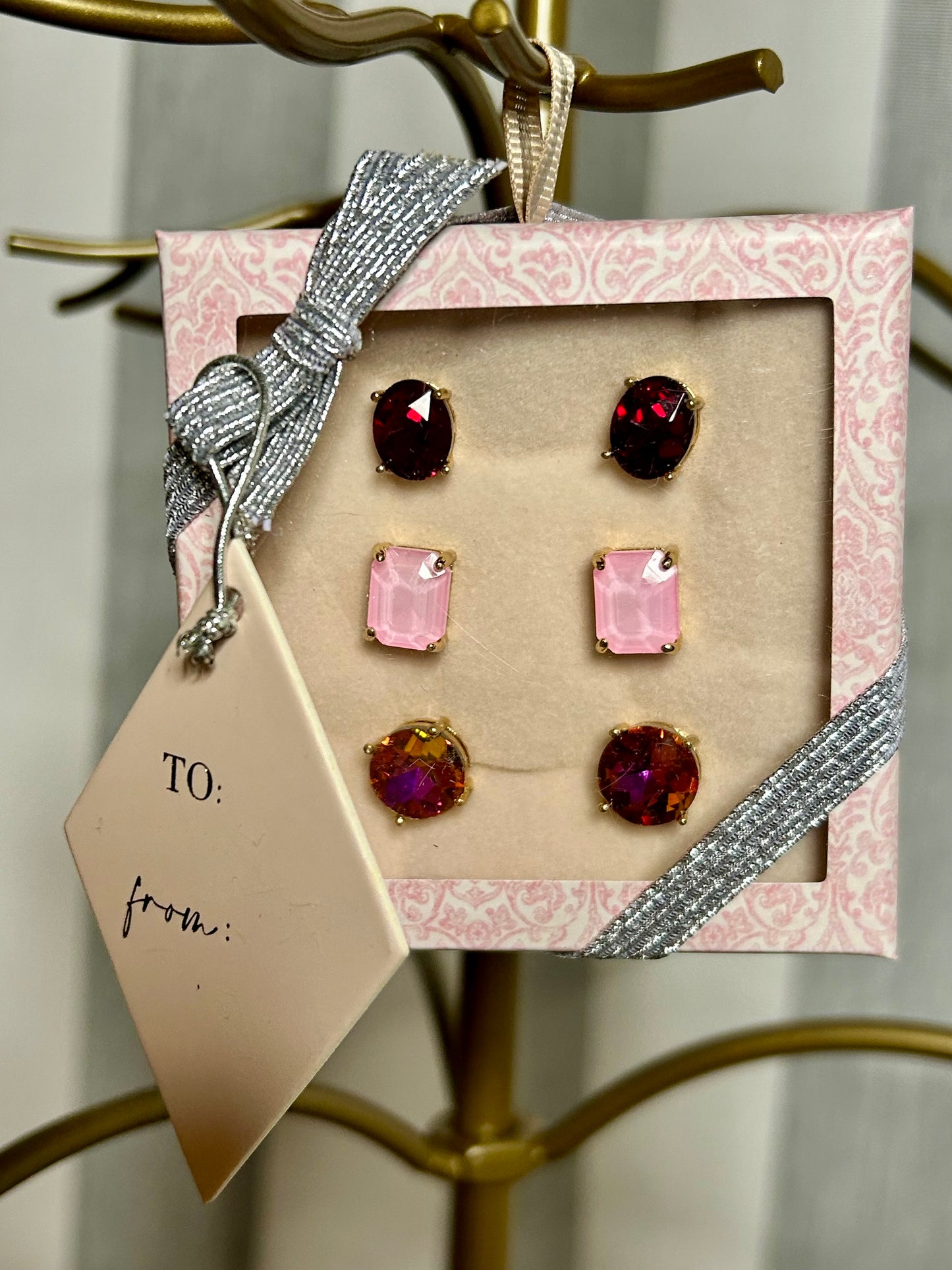 Boxed Crystal Earring Trio - Pink Peonies