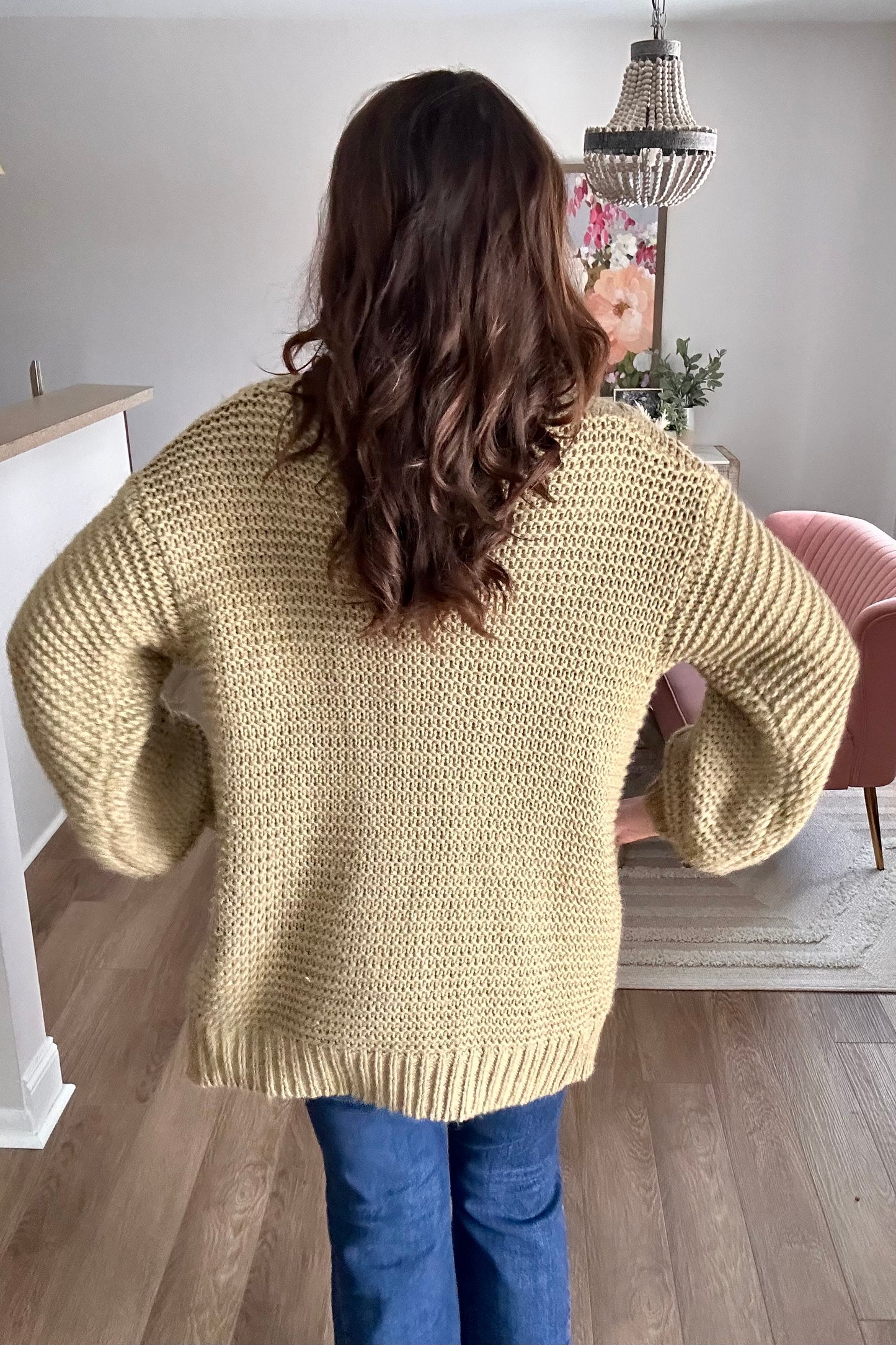 Chunky Cable Sleeve Lantern Cardigan - Pink Peonies