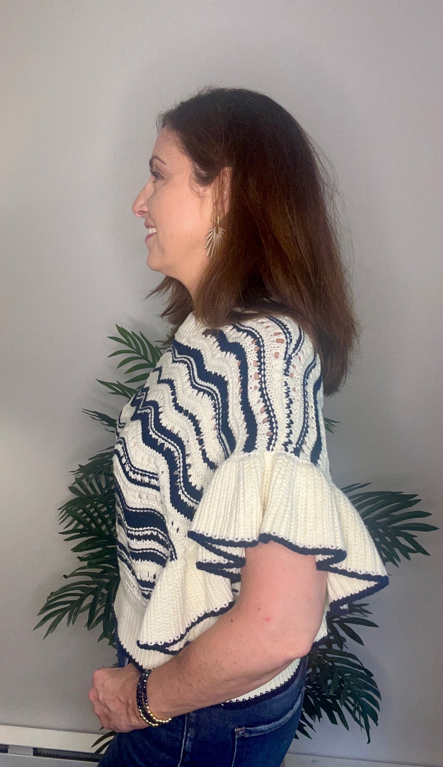 Ruffle Sleeve Wave Knit Sweater