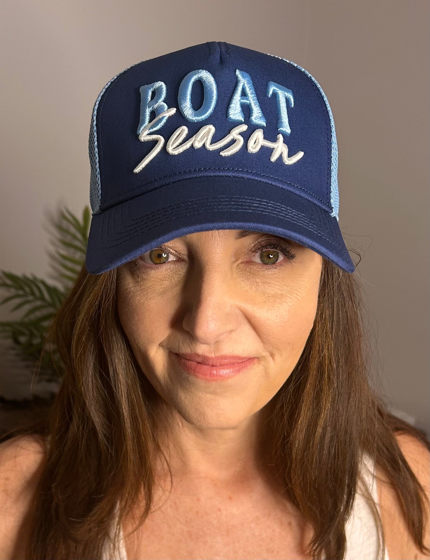 Boat Season Trucker Hat - Two-Tone Blue Mesh - Pink Peonies