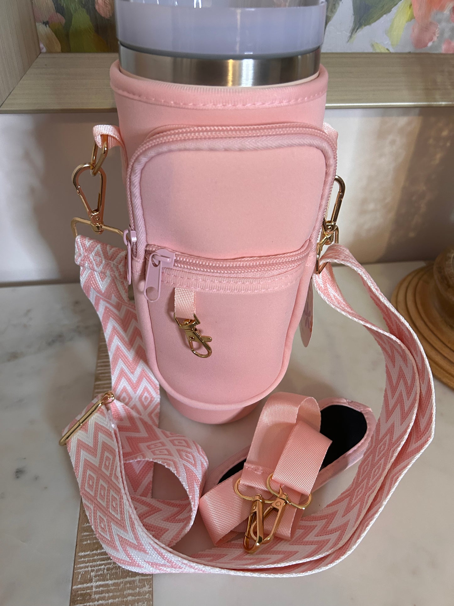 Dual Strap Fit-Cooler™ Sling Tumbler Crossbody Bag: Light Pink - Pink Peonies