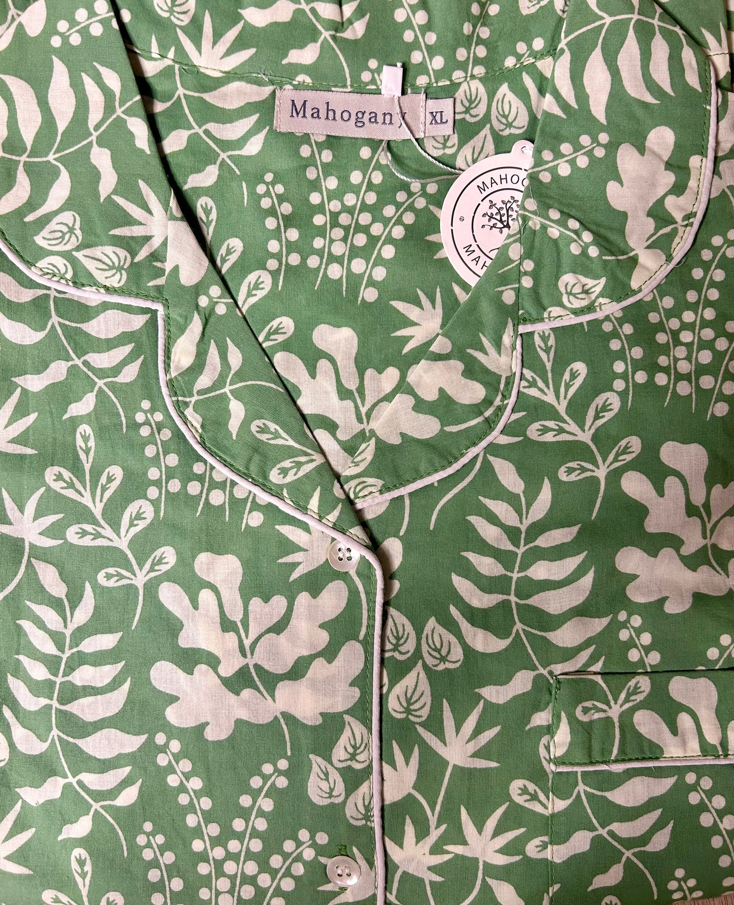 Green Botanical Lightweight Cotton Pajama Set - Pink Peonies