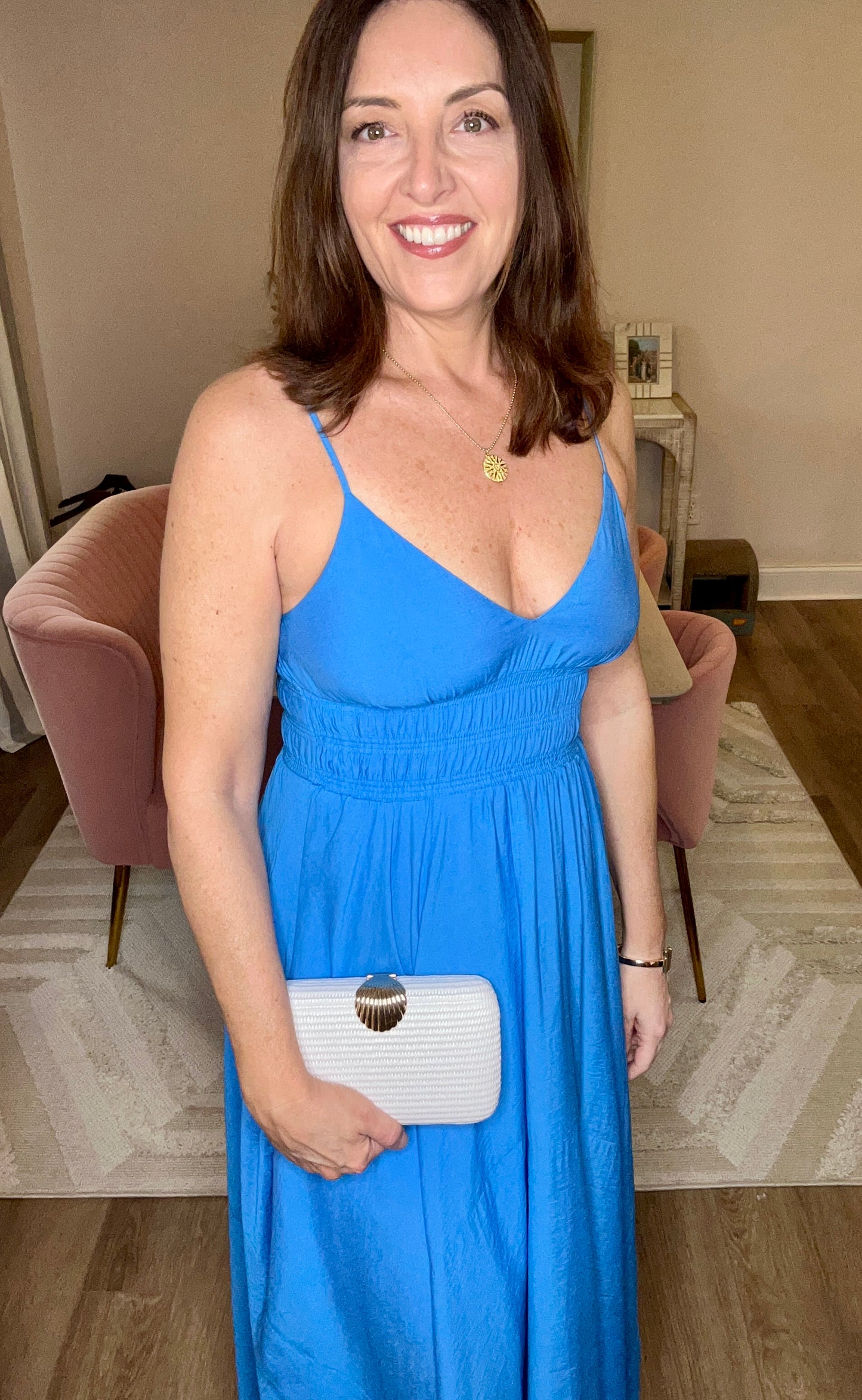 Indigo Dreams V Neck Handkerchief Hem Sleeveless Blue Midi Dress - Pink Peonies