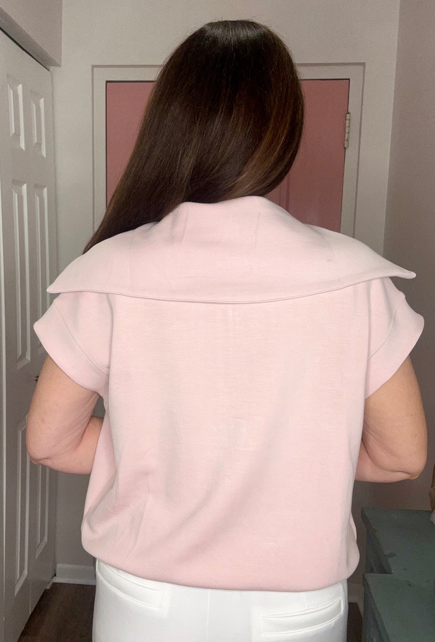 Modal Short Sleeve Quarter Zip Sleeveless Top: Baby Pink - Pink Peonies