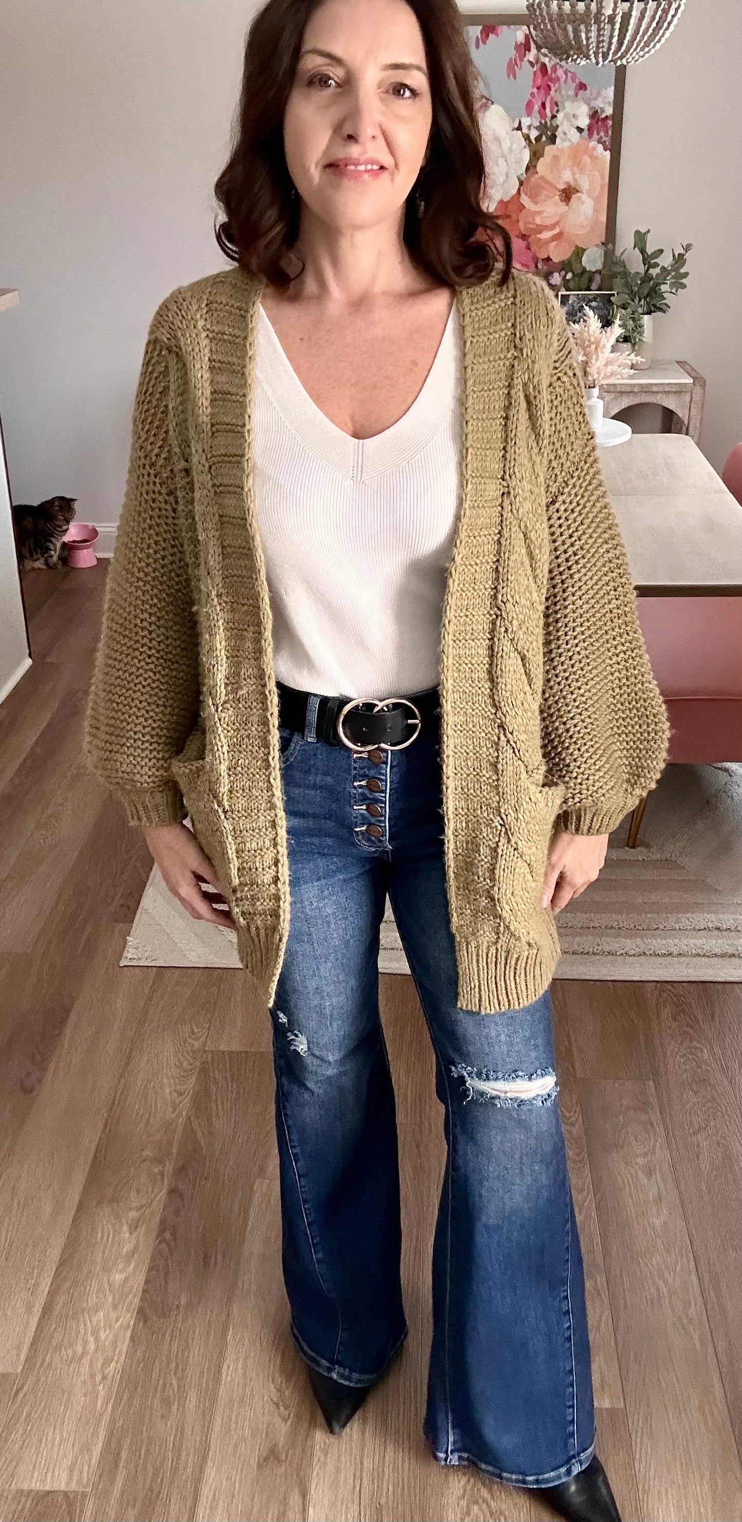 Chunky Cable Sleeve Lantern Cardigan - Pink Peonies
