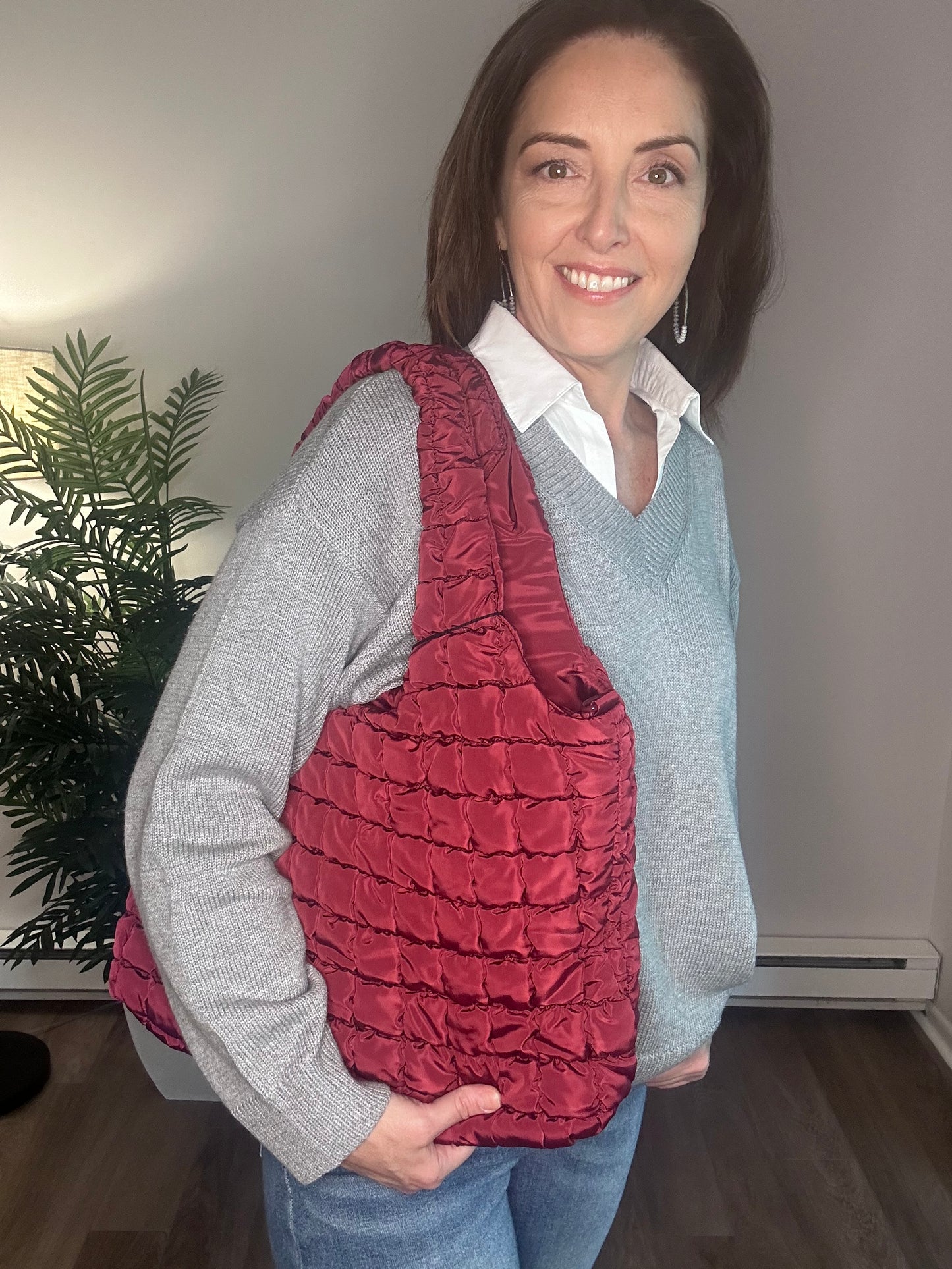 Elevate - Quilted Puffer Nylon Hobo: Burgundy