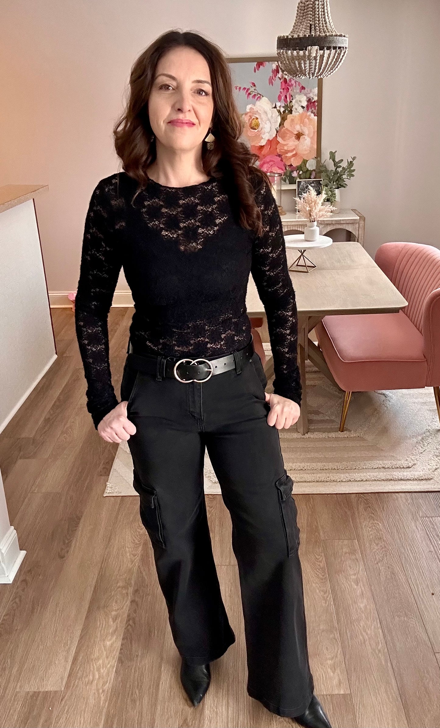 Floral Lace Long Sleeve Mesh Top - Pink Peonies