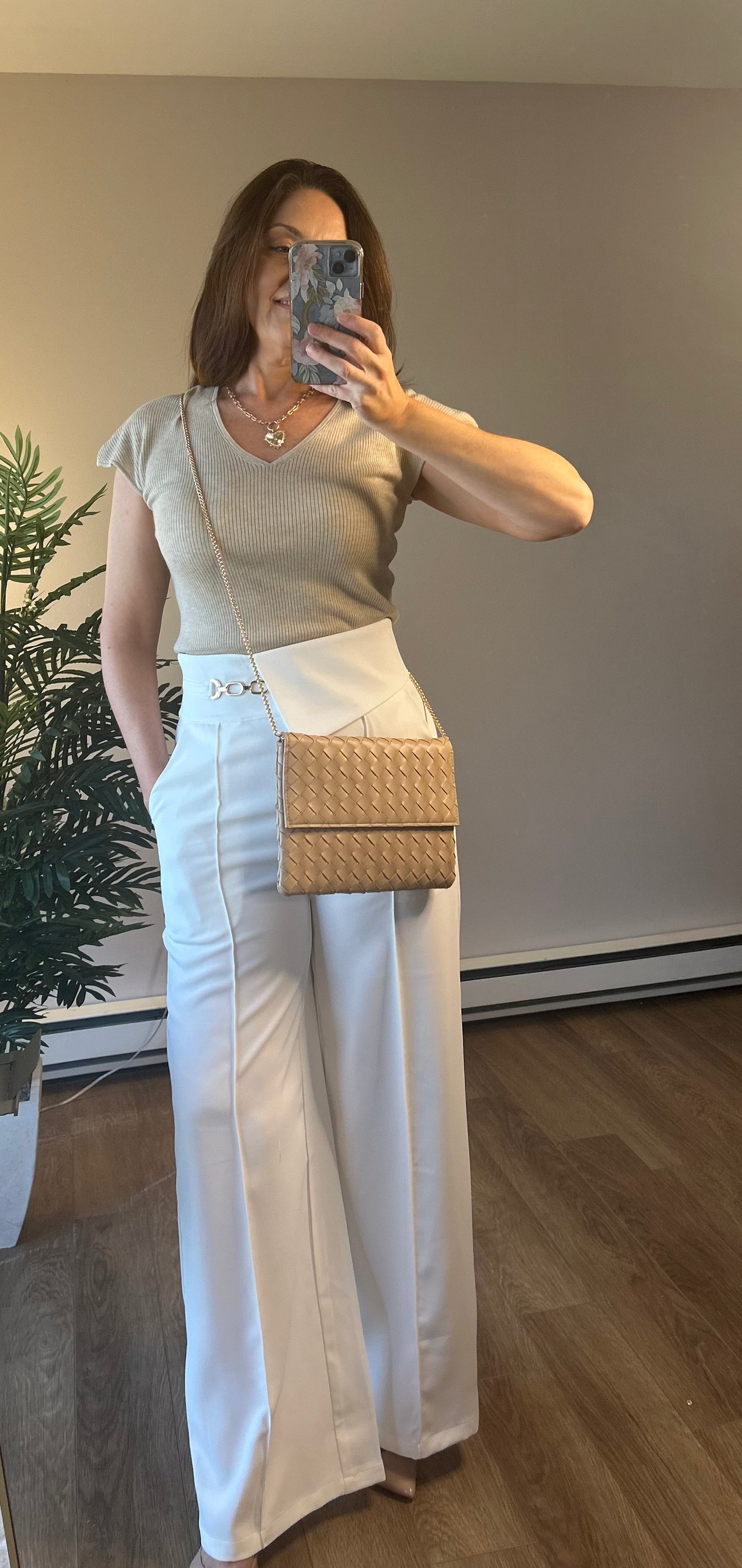 Woven Clutch with Detachable Gold Chain: Natural or Oatmilk - Pink Peonies