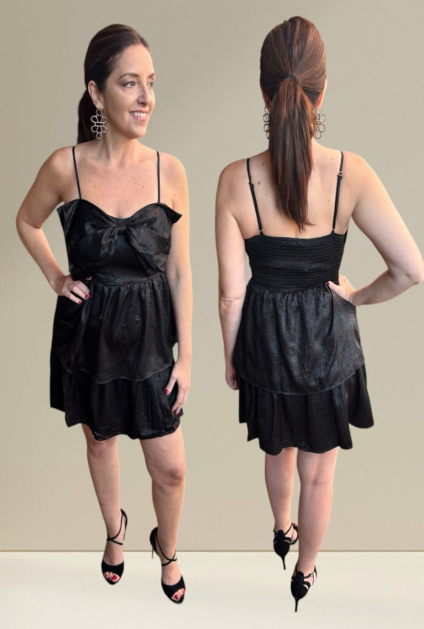 Adjustable Strap Smocked Back Black Bow Mini Dress - Pink Peonies